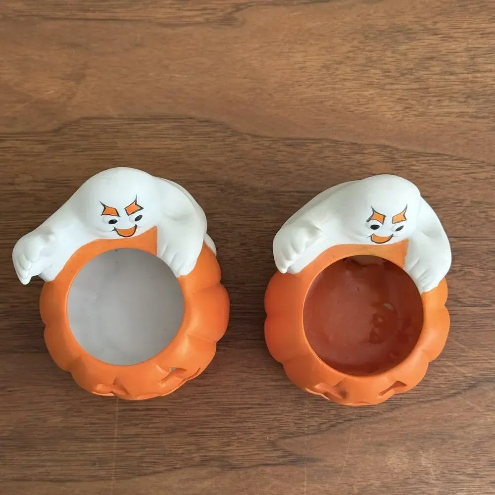 Vintage 90s Y2K Halloween ghost pumpkin jack-o'-lantern tea light holder Decor